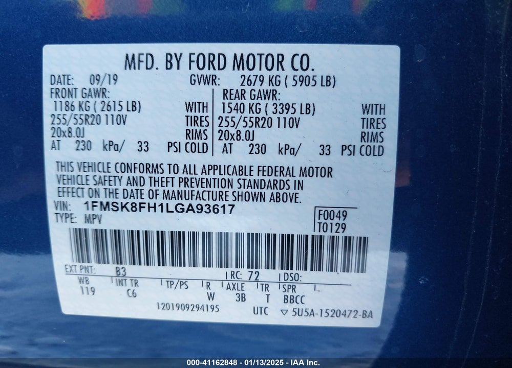 2020 FORD EXPLORER LIMITED VIN: 1FMSK8FH1LGA93617