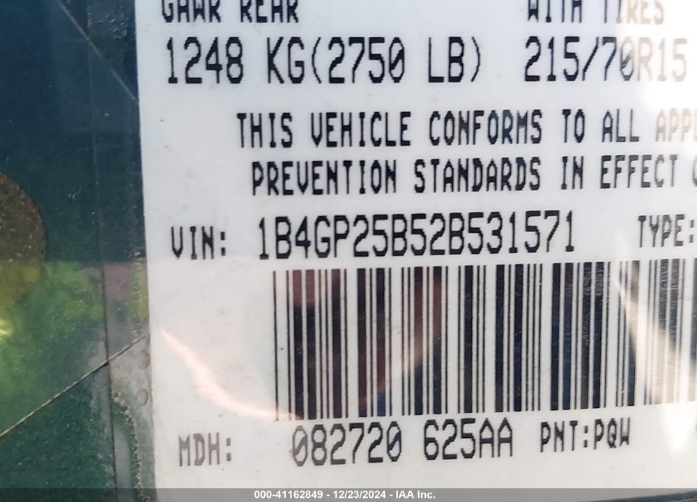 2002 DODGE CARAVAN SE VIN: 1B4GP25B52B531571