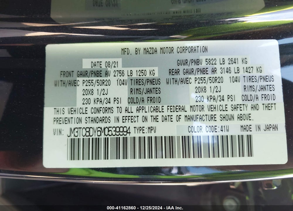2021 MAZDA CX-9 GRAND TOURING VIN: JM3TCBDY6M0539994