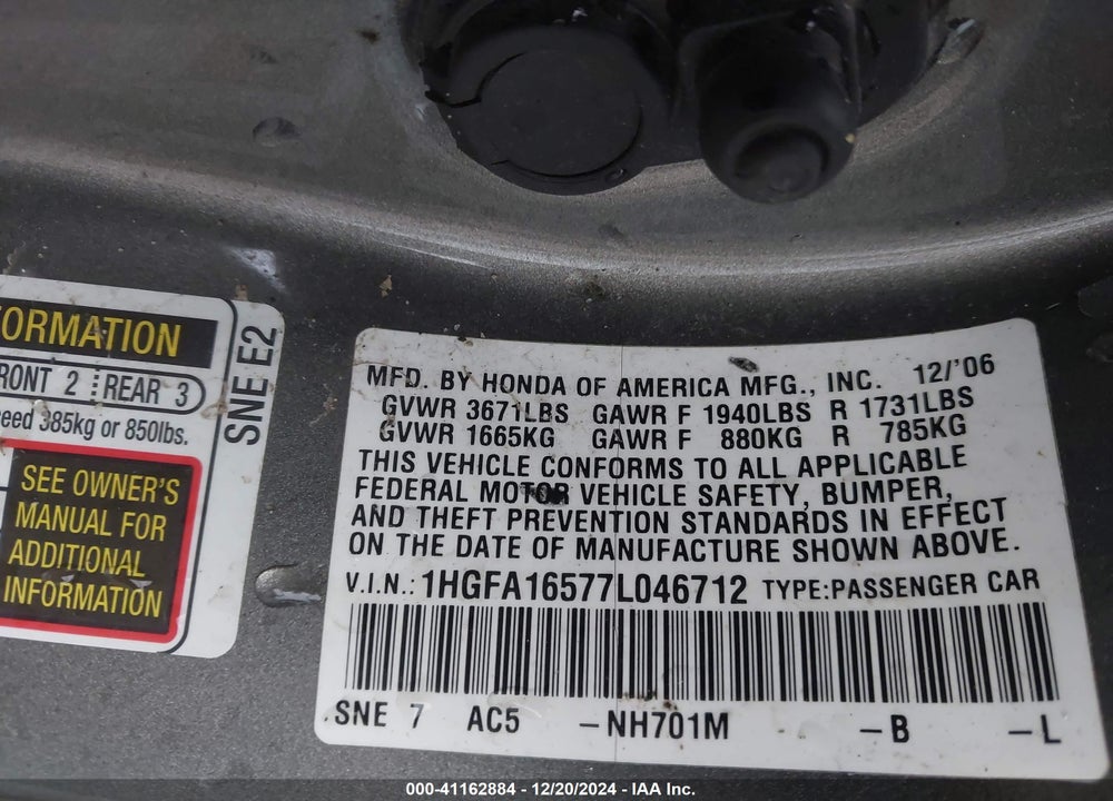 2007 HONDA CIVIC VIN: 1HGFA16577L046712