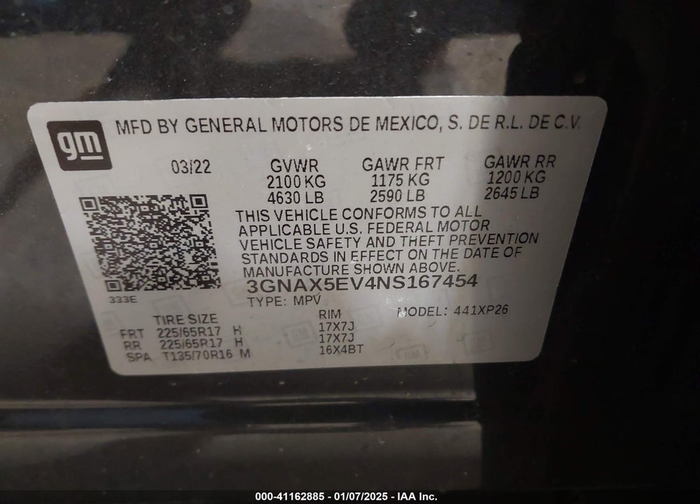 2022 CHEVROLET EQUINOX AWD 1FL VIN: 3GNAX5EV4NS167454