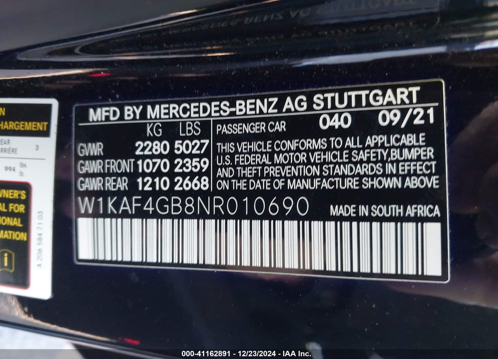 2022 MERCEDES-BENZ C 300 VIN: W1KAF4GB8NR010690
