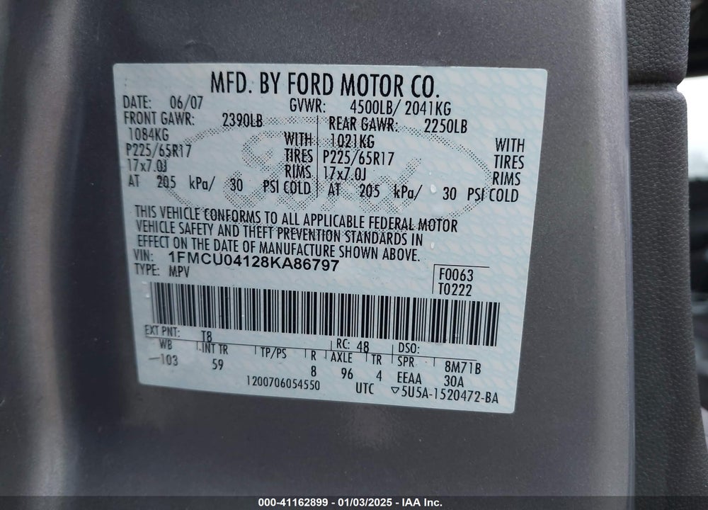 2008 FORD ESCAPE LIMITED VIN: 1FMCU04128KA86797
