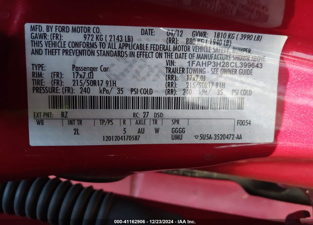 2012 FORD FOCUS SEL VIN: 1FAHP3H28CL399643