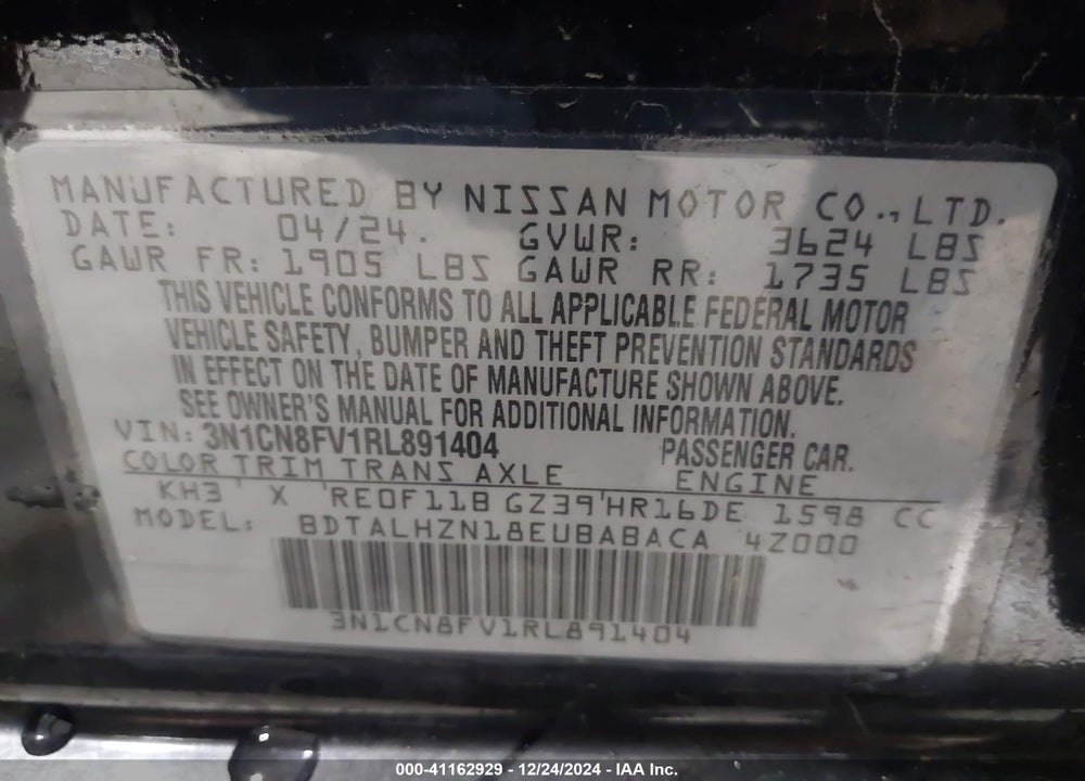2024 NISSAN VERSA 1.6 SR VIN: 3N1CN8FV1RL891404