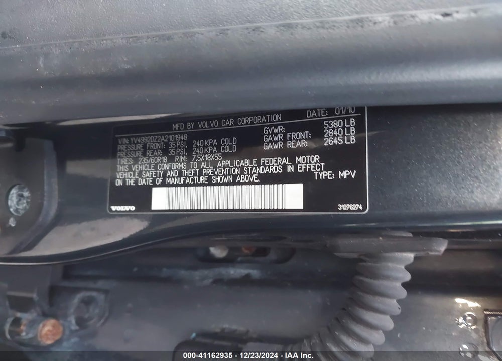 2010 VOLVO XC60 T6/T6 R-DESIGN VIN: YV4992DZ2A2101948