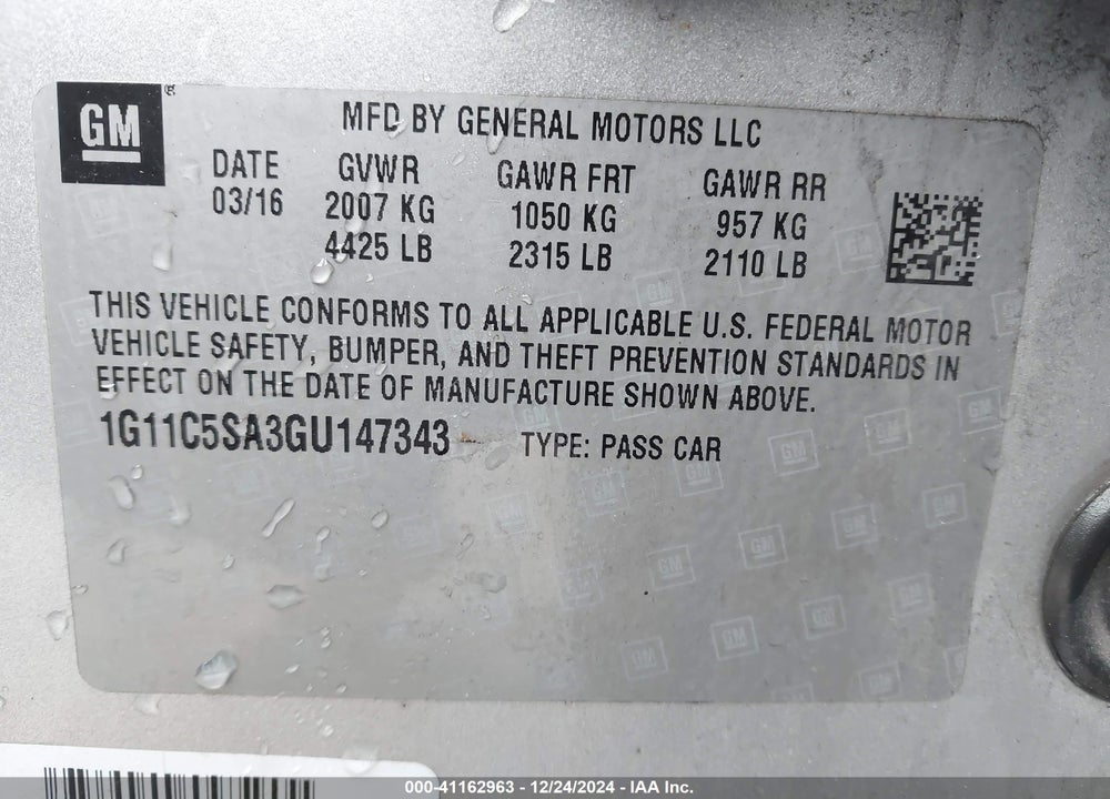 2016 CHEVROLET MALIBU LIMITED VIN: 1G11C5SA3GU147343