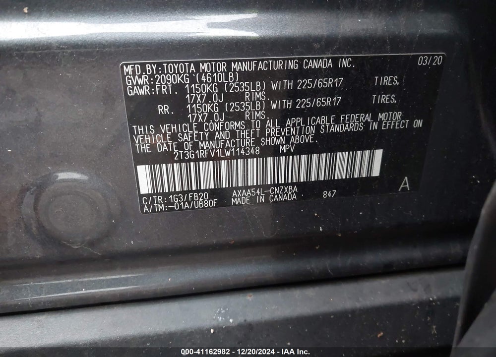 2020 TOYOTA RAV4 LE VIN: 2T3G1RFV1LW114348