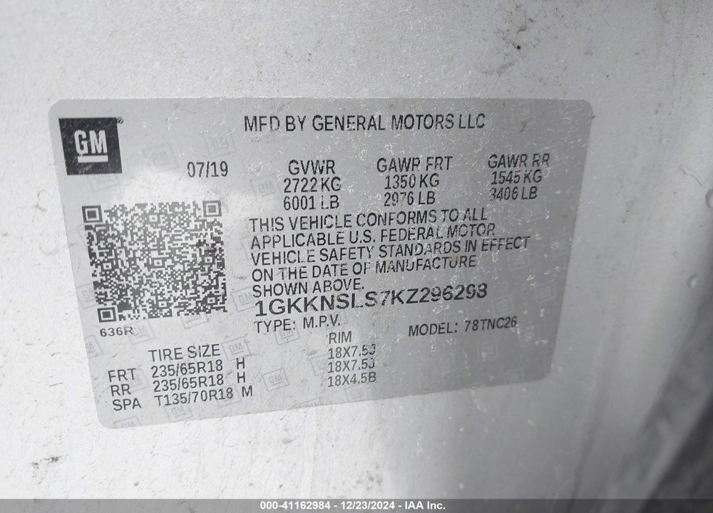 2019 GMC ACADIA SLE-2 VIN: 1GKKNSLS7KZ296298