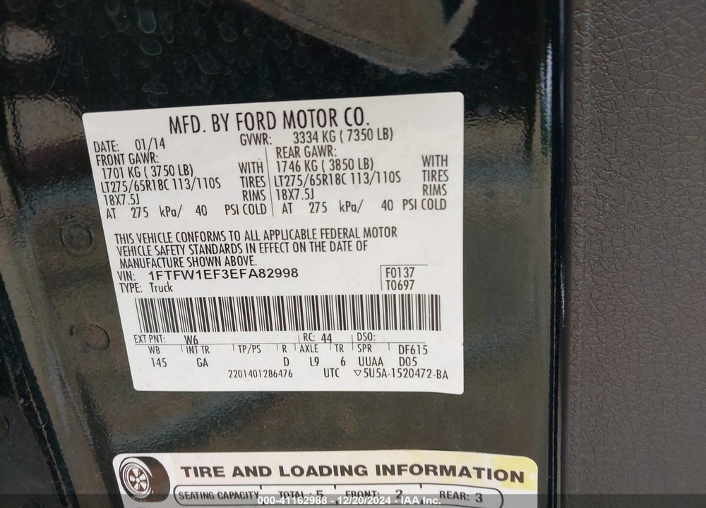 2014 FORD F-150 XLT VIN: 1FTFW1EF3EFA82998