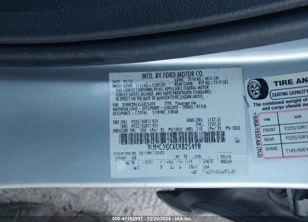 2012 LINCOLN MKZ VIN: 3LNHL2GCXCR825498