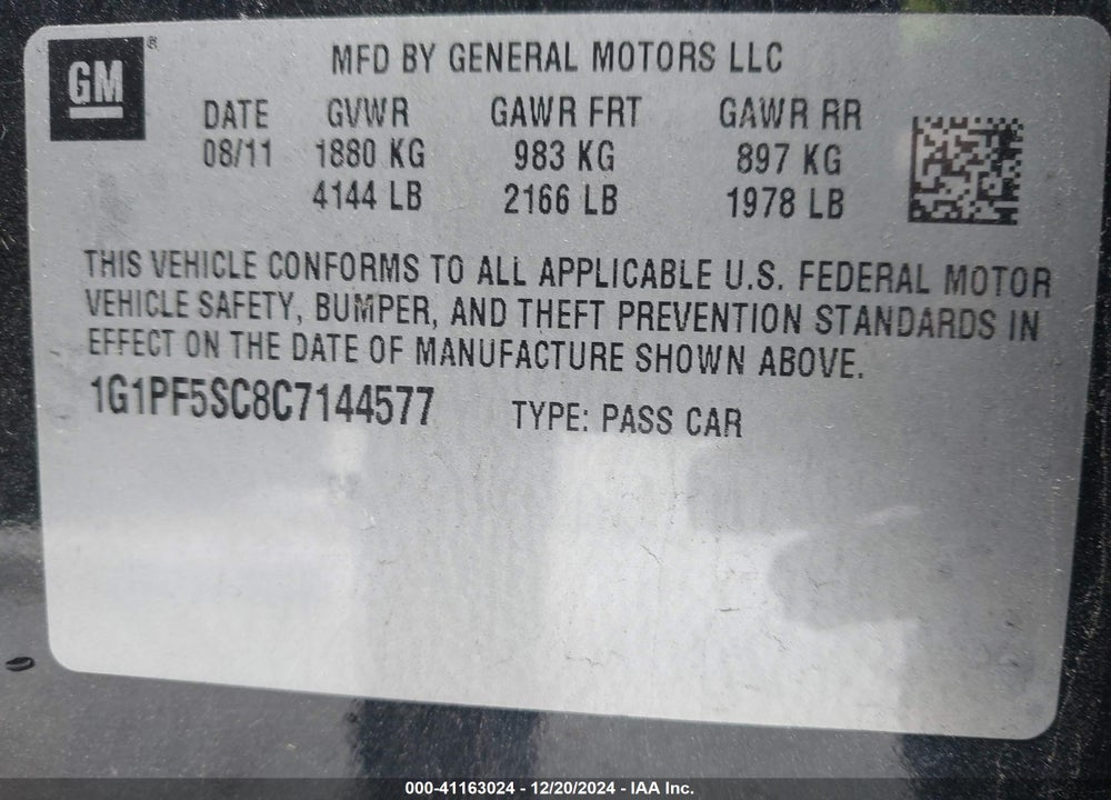 2012 CHEVROLET CRUZE VIN: 1G1PF5SC8C7144577