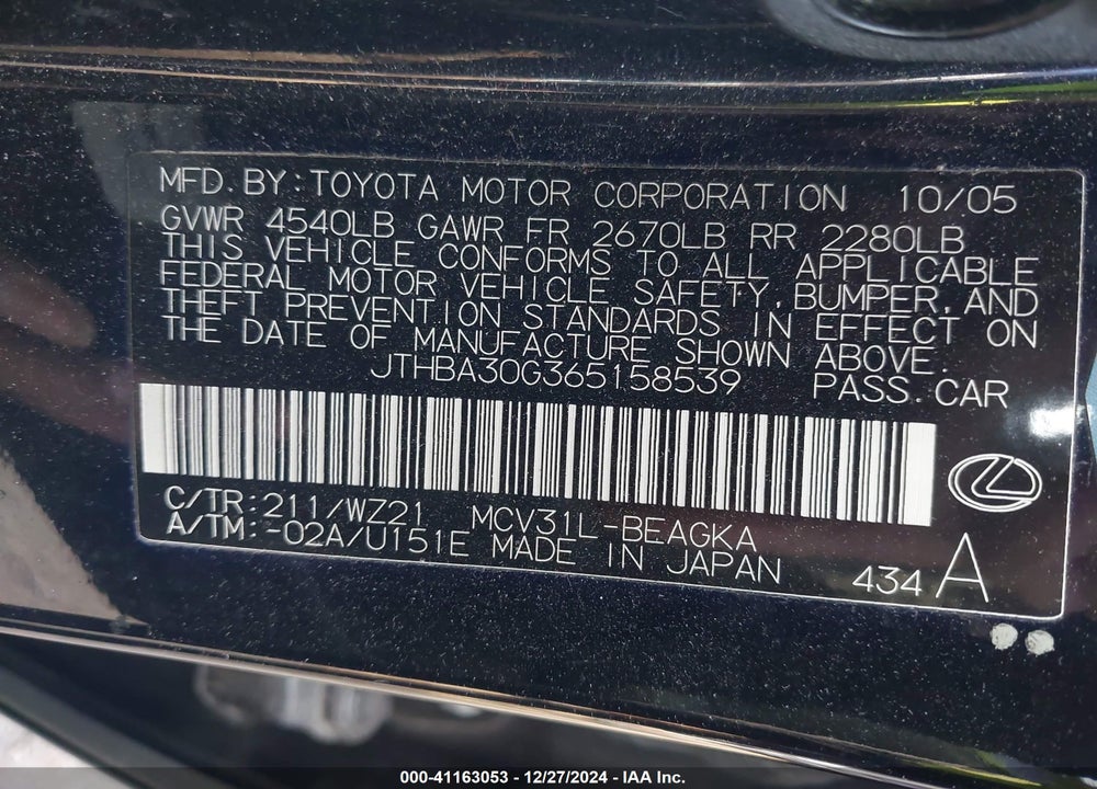 2006 LEXUS ES 330 VIN: JTHBA30G365158539