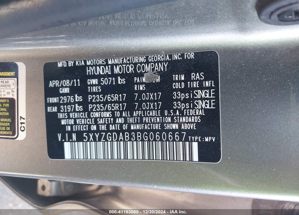 2011 HYUNDAI SANTA FE GLS VIN: 5XYZGDAB3BG060667