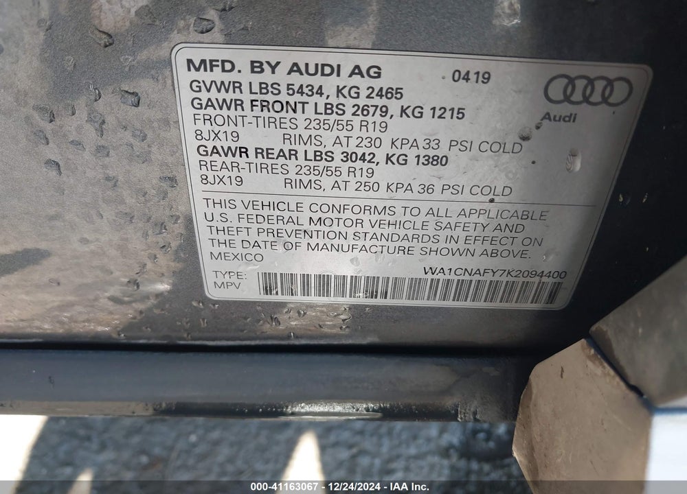 2019 AUDI Q5 45 PREMIUM VIN: WA1CNAFY7K2094400