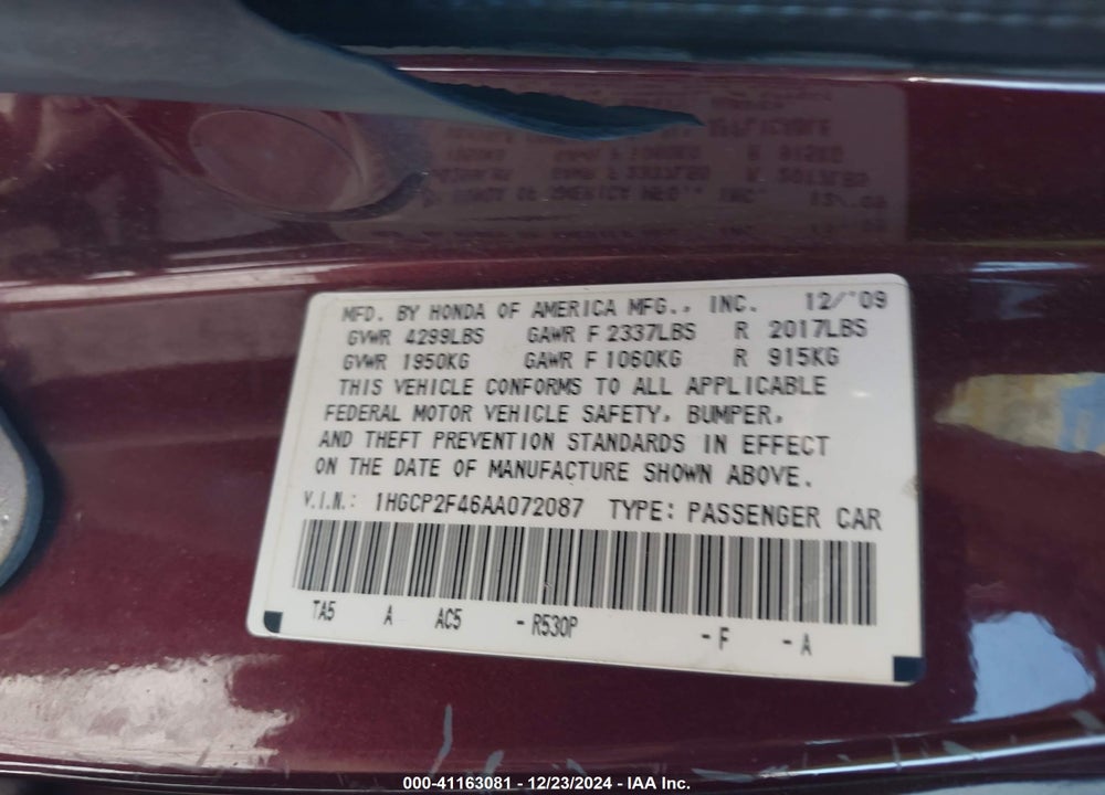 2010 HONDA ACCORD 2.4 LX-P VIN: 1HGCP2F46AA072087