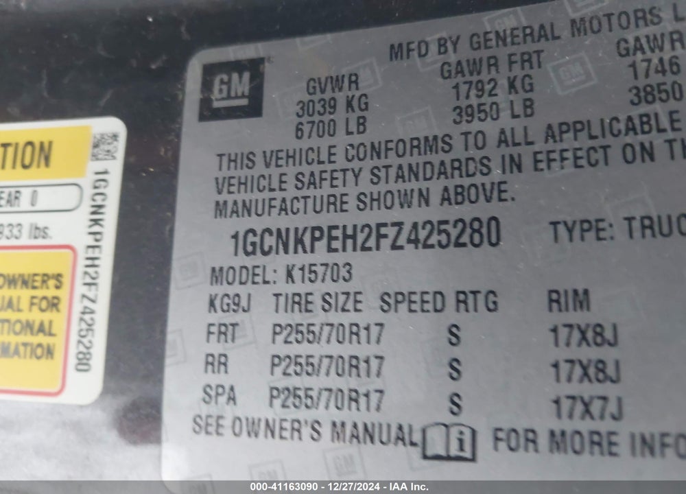 2015 CHEVROLET SILVERADO VIN: 1GCNKPEH2FZ425280