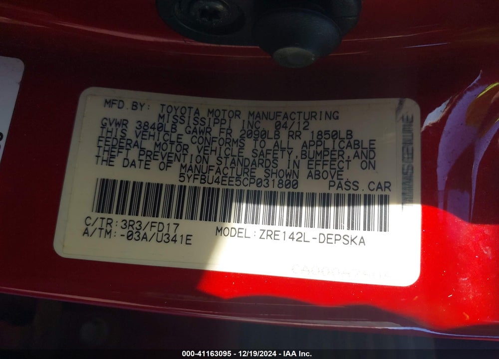2012 TOYOTA COROLLA S VIN: 5YFBU4EE5CP031800