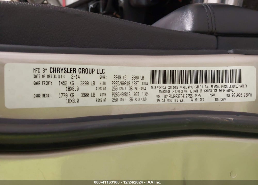 2014 DODGE DURANGO VIN: 1C4RDJAG3EC412755