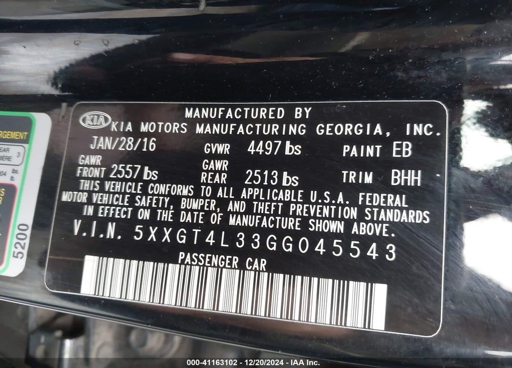 2016 KIA OPTIMA LX VIN: 5XXGT4L33GG045543