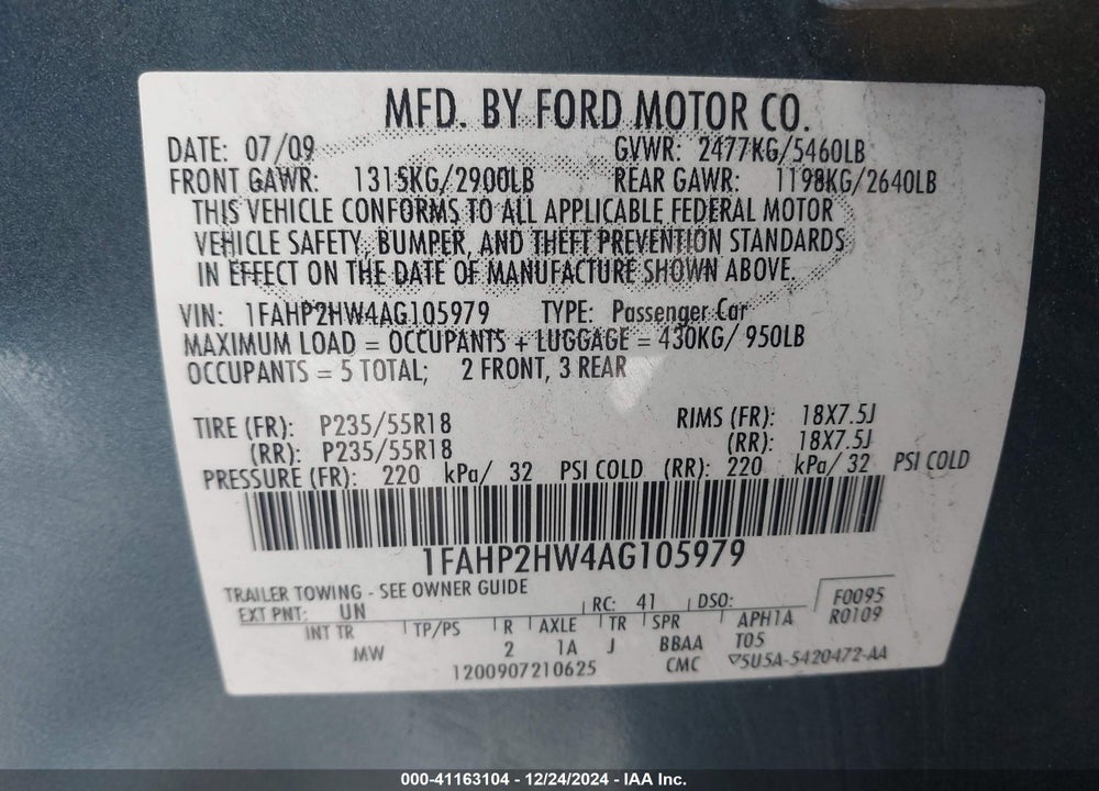 2010 FORD TAURUS SEL VIN: 1FAHP2HW4AG105979