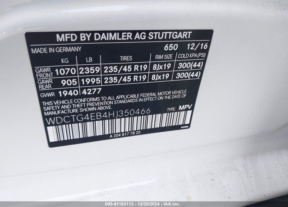 2017 MERCEDES-BENZ GLA 250 VIN: WDCTG4EB4HJ350466