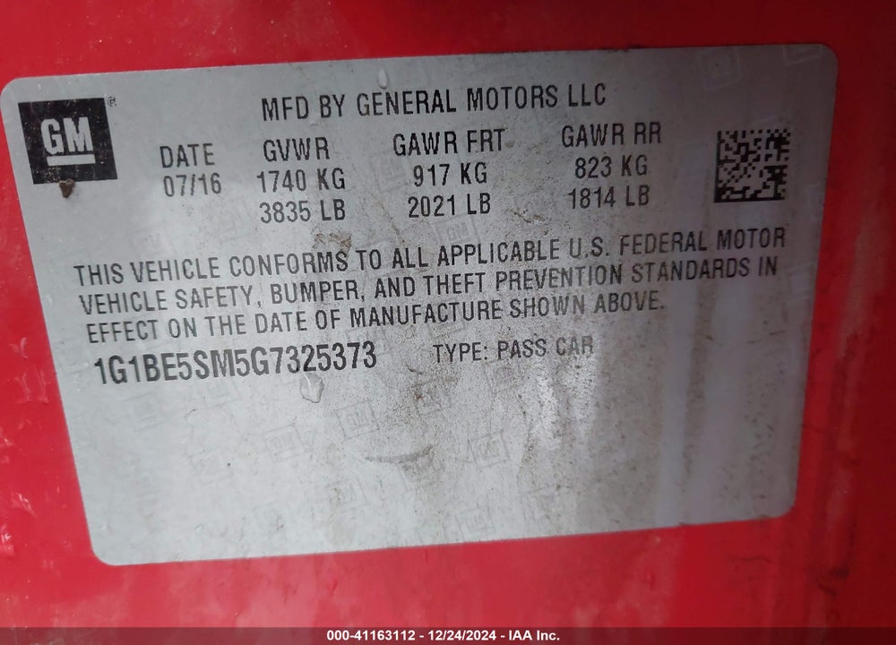 2016 CHEVROLET CRUZE LT AUTO VIN: 1G1BE5SM5G7325373