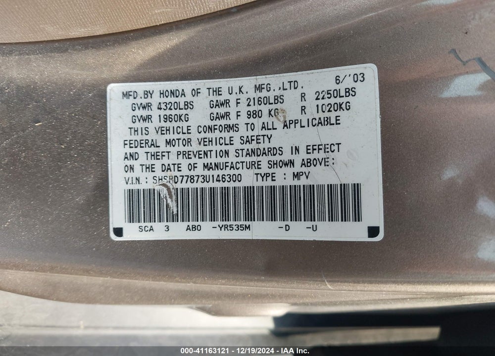 2003 HONDA CR-V EX VIN: SHSRD77873U146300