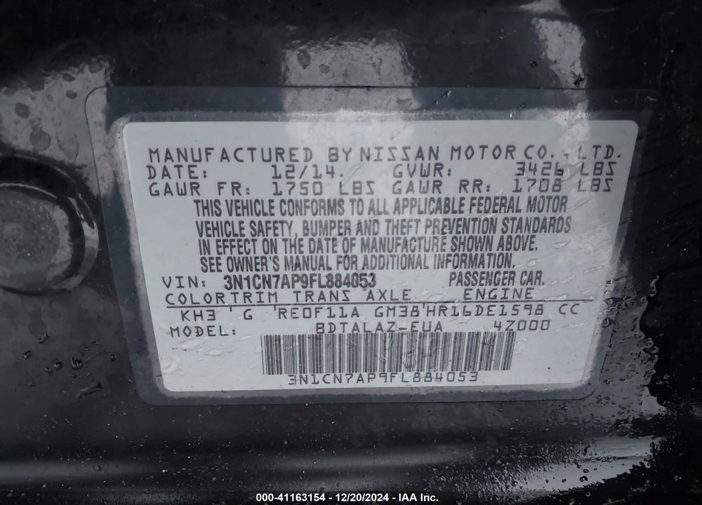 2015 NISSAN VERSA VIN: 3N1CN7AP9FL884053