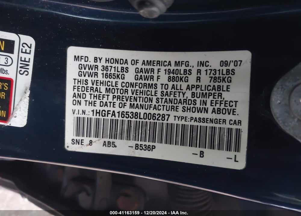 2008 HONDA CIVIC LX VIN: 1HGFA16538L006287