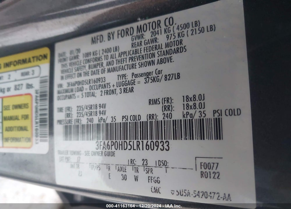 2020 FORD FUSION VIN: 3FA6P0HD5LR160933