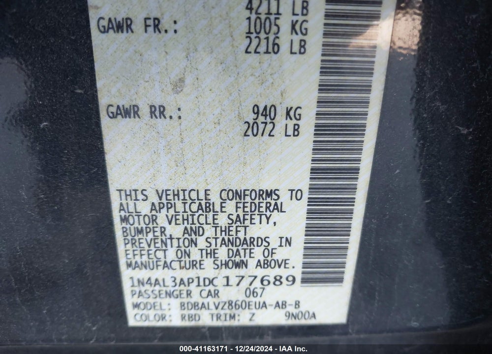 2013 NISSAN ALTIMA 2.5 SL VIN: 1N4AL3AP1DC177689