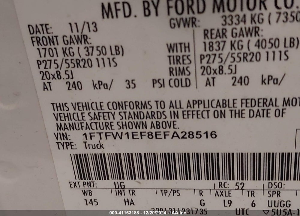 2014 FORD F150 VIN: 1FTFW1EF8EFA28516