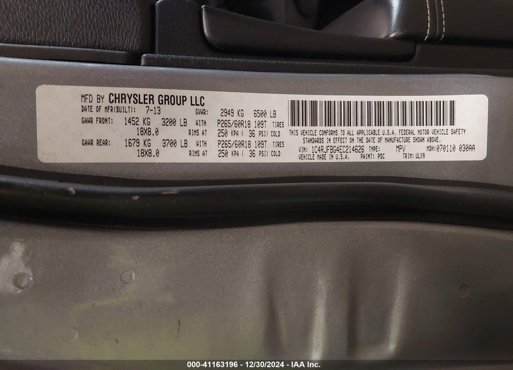 2014 JEEP GRAND CHEROKEE LIMITED VIN: 1C4RJFBG4EC214626