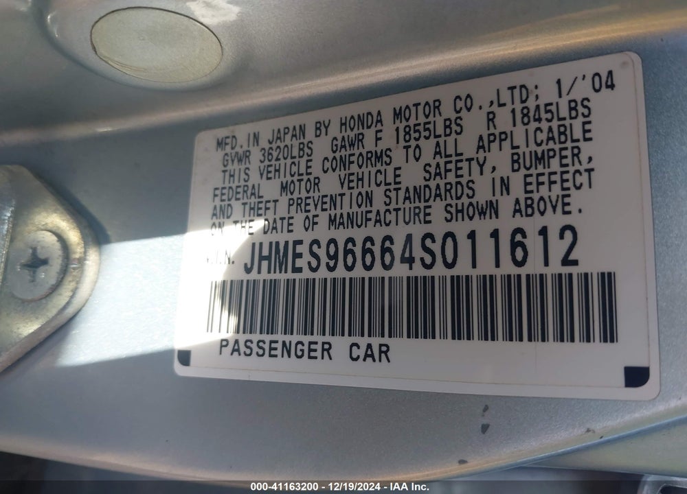 2004 HONDA CIVIC HYBRID VIN: JHMES96664S011612