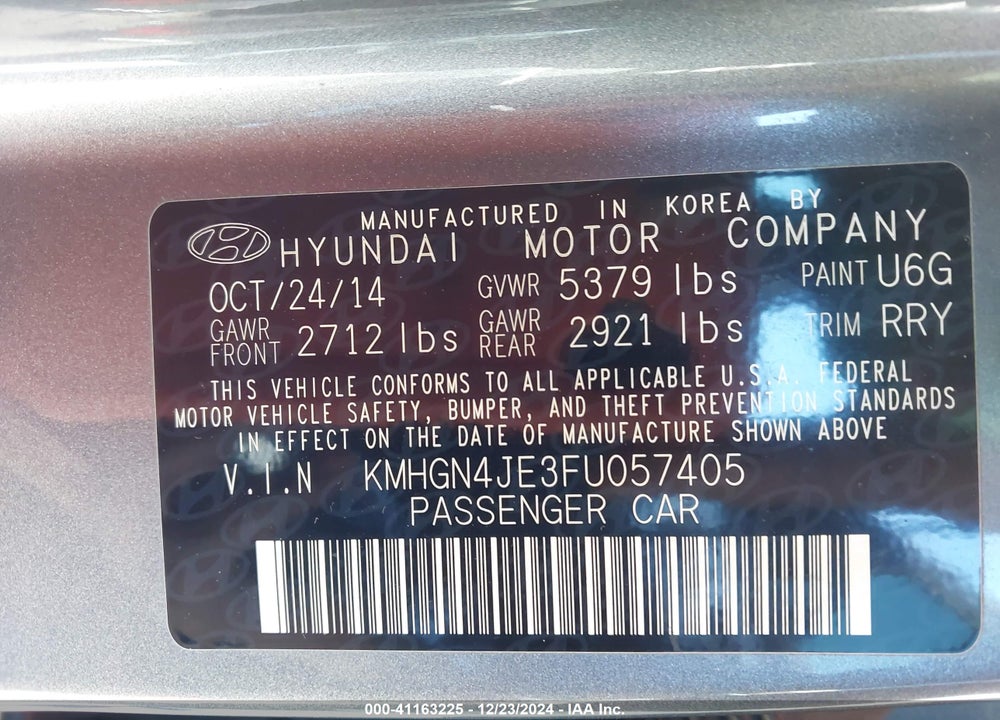 2015 HYUNDAI GENESIS 3.8 VIN: KMHGN4JE3FU057405
