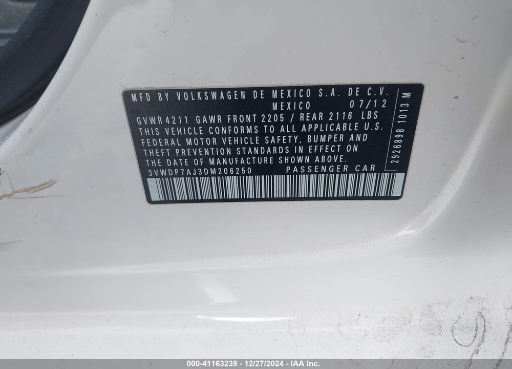 2013 VOLKSWAGEN JETTA 2.5L SE VIN: 3VWDP7AJ3DM206250