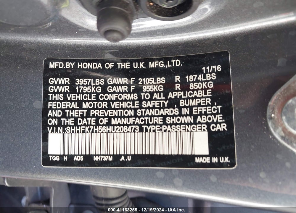 2017 HONDA CIVIC EX VIN: SHHFK7H56HU208473