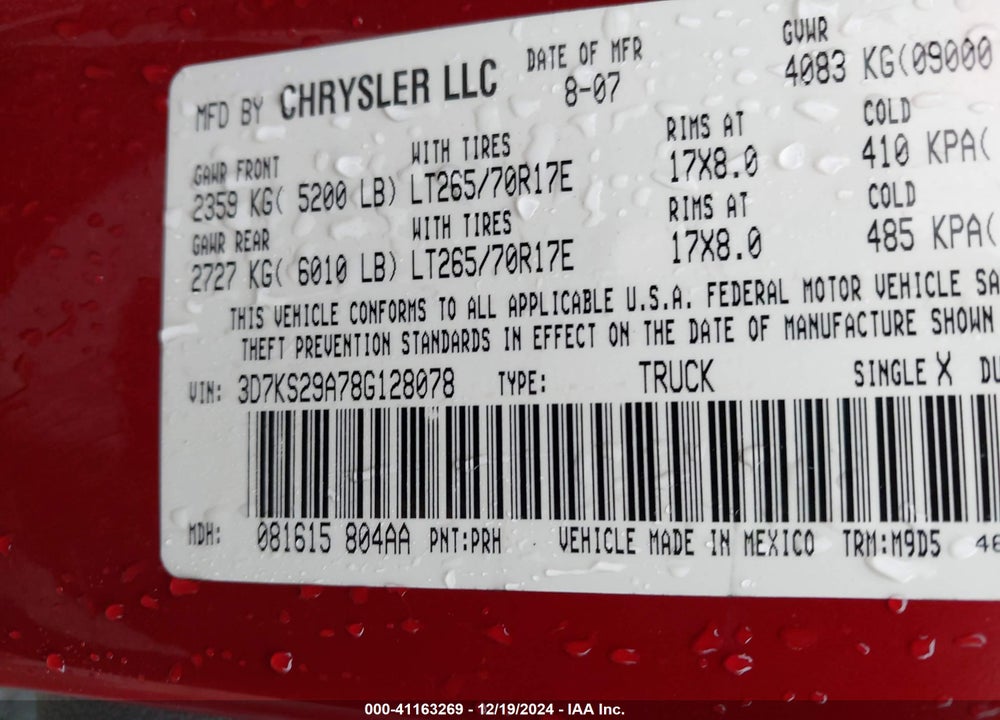 2008 DODGE RAM 2500 VIN: 3D7KS29A78G128078
