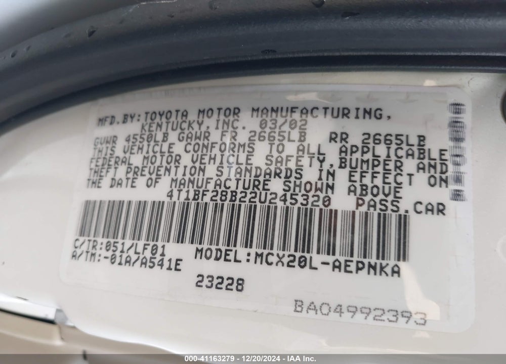2002 TOYOTA AVALON XL VIN: 4T1BF28B22U245320