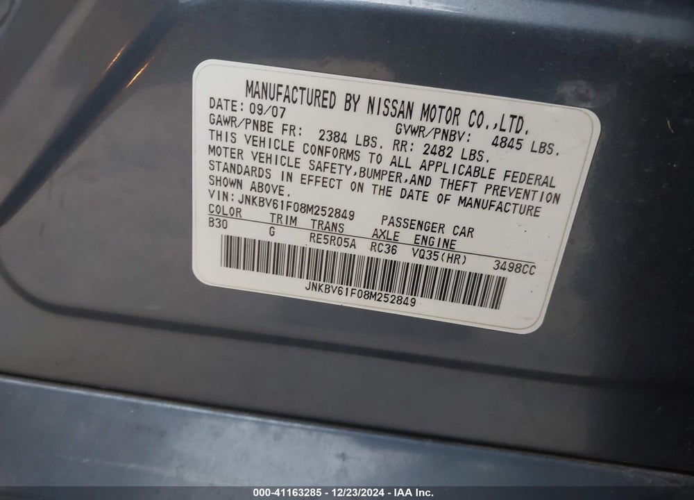 2008 INFINITI G35X VIN: JNKBV61F08M252849