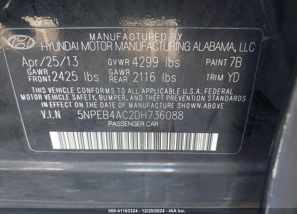 2013 HYUNDAI SONATA GLS VIN: 5NPEB4AC2DH736088