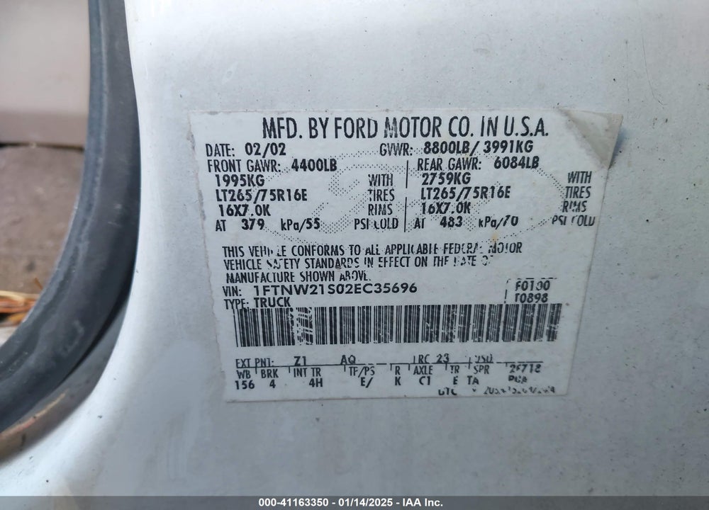 2002 FORD F-250 LARIAT/XL/XLT VIN: 1FTNW21S02EC35696