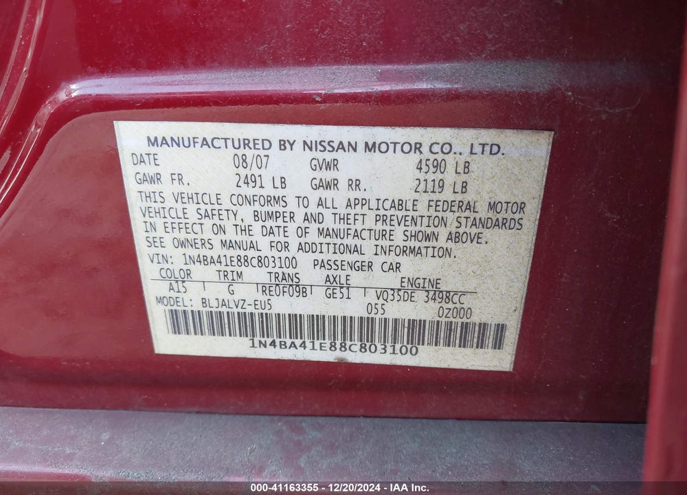 2008 NISSAN MAXIMA 3.5 SE VIN: 1N4BA41E88C803100