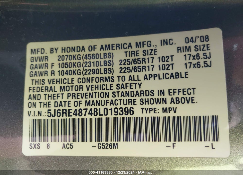 2008 HONDA CR-V EX-L VIN: 5J6RE48748L019396