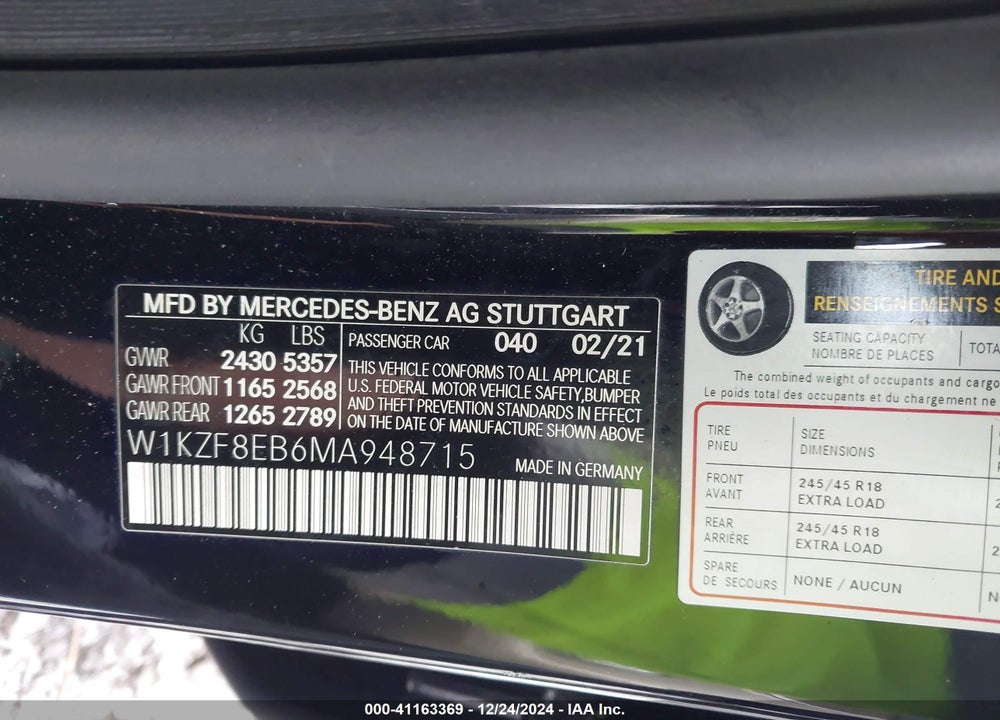 2021 MERCEDES-BENZ E 350 VIN: W1KZF8EB6MA948715