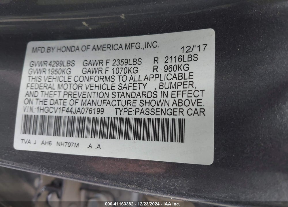 2018 HONDA ACCORD EX VIN: 1HGCV1F44JA076199