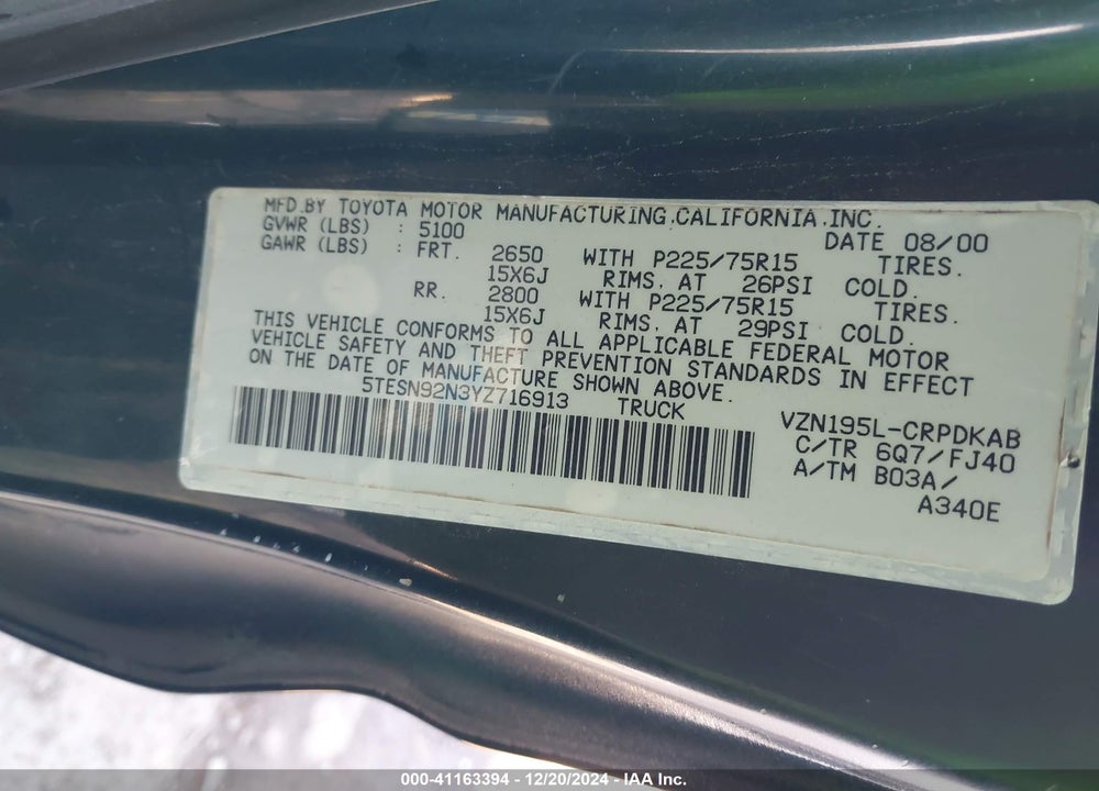 2000 TOYOTA TACOMA PRERUNNER V6 VIN: 5TESN92N3YZ716913