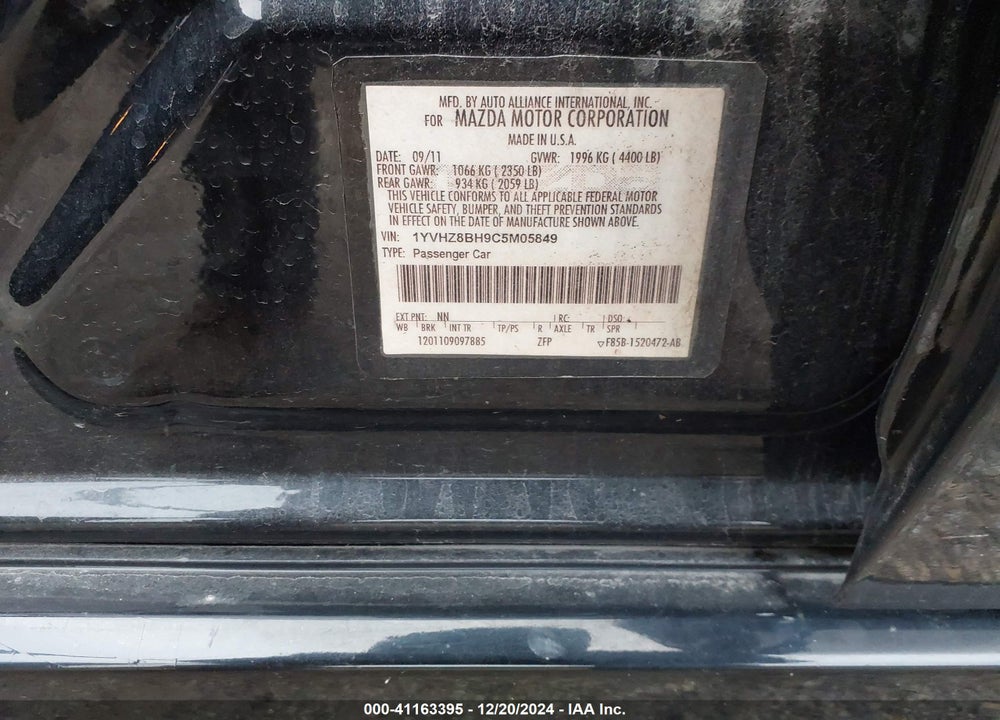 2012 MAZDA 6 I SPORT VIN: 1YVHZ8BH9C5M05849