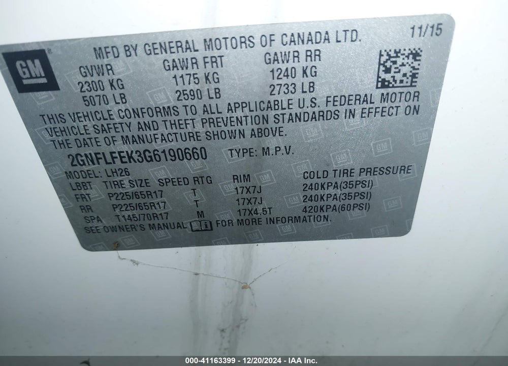 2016 CHEVROLET EQUINOX LT VIN: 2GNFLFEK3G6190660